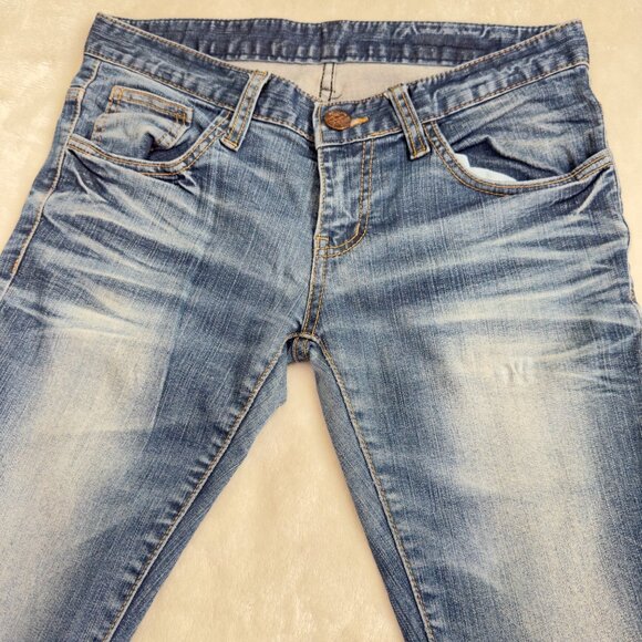 Bootcut Denim Jeans With Light Wash Distressing & Faded Details  low waist - Picture 8 of 9